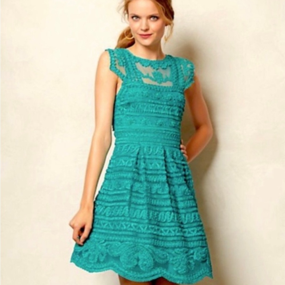 Yoana Baraschi Embroidered Ribbon Teal Dress - Size 4